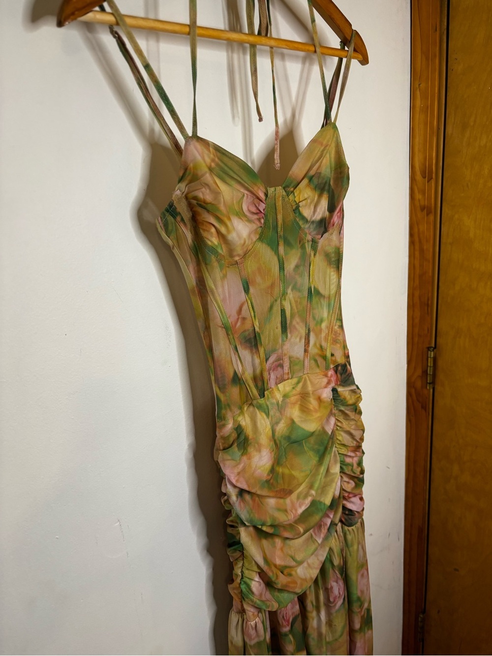 NWT Floral Fairycore Green Pink Mesh Ruched Maxi Dress - Picture 5 of 12